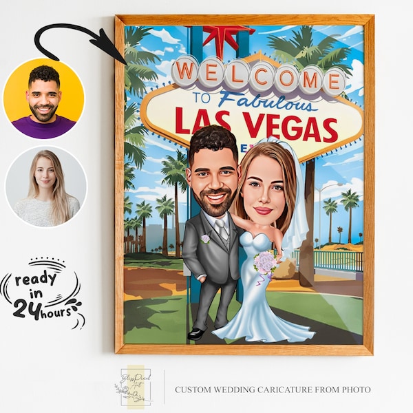 Caricature de mariage pour couple à Las Vegas, dessin animé de mariage, cadeau pour couple, caricature de mariage à partir d'une photo, caricature de mariage à Las Vegas, Vegas