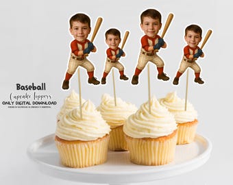 Baseball Personalized Face Cupcake Toppers, Personalized Party Decor, Personalized Custom Cupcake Toppers Baseball, Custom Cake Decorations