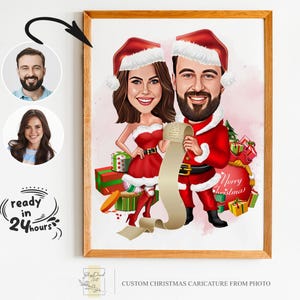 Portrait personnalisé de dessin animé de couple de Noël, portrait de Noël, cadeau de Noël, caricature de Noël, caricature de Noël, caricature à partir d'une photo