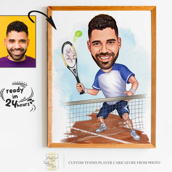 Custom Male Tennis Player Cartoon Portrait, Tennis Caricature, Gift for Tennis Player, Tennis Cartoon, Custom Caricature from Photo, Tennis