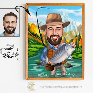 Benutzerdefinierte Fischer Cartoon Portrait, Geschenk für Fischer, Fischer Karikatur, Fischer Cartoon, benutzerdefinierte Karikatur, Fischerkarikatur vom Foto