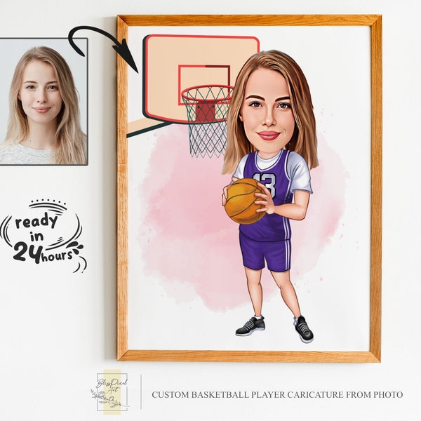 Portrait personnalisé de dessin animé de joueur de basket-ball, caricature de basket-ball, cadeau pour joueur de basket-ball, portrait de basket-ball, caricature à partir d'une photo