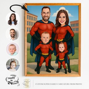 Ritratto di famiglia di supereroi personalizzato, ritratto di famiglia, regalo di famiglia, caricatura di super famiglia, caricatura di supereroi, caricatura da foto