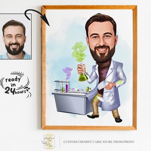 Benutzerdefinierte Chemiker Cartoon Portrait, Chemiker Portrait, Chemiker Geschenk, Chemiker Karikatur, Chemiker Karikatur vom Foto, Wissenschaftlerkarikatur