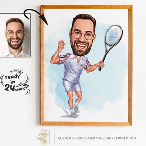 Niestandardowy męski tenisista portret z kreskówki, karykatura tenisowa, prezent dla tenisisty, kreskówka tenisowa, niestandardowa karykatura ze zdjęcia, tenis
