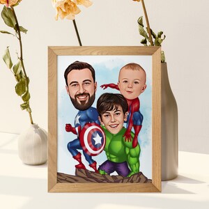 May include: A digital caricature of three people dressed as superheroes. The father is dressed as Captain America, the son is dressed as Hulk, and the youngest son is dressed as Spiderman.