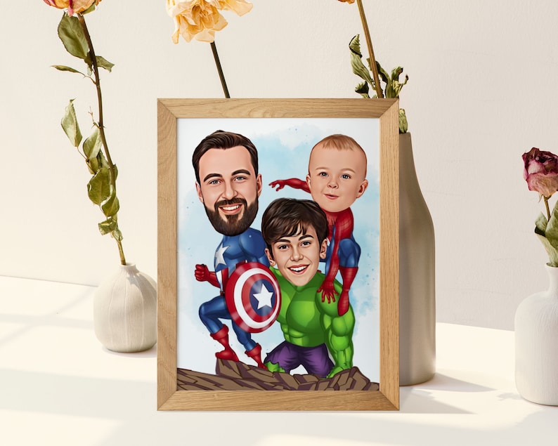 May include: A digital caricature of three people dressed as superheroes. The father is dressed as Captain America, the son is dressed as Hulk, and the youngest son is dressed as Spiderman.