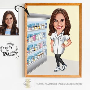 Retrato personalizado de desenho animado de farmacêutico feminino, retrato de farmacêutico, presente para farmacêutica feminina, caricatura de farmacêutico a partir de foto, presente de farmacêutico