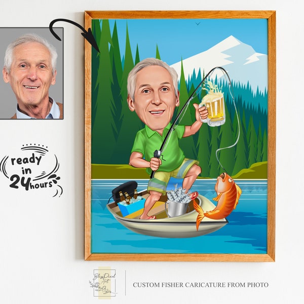 Portrait personnalisé de dessin animé de pêcheur, cadeau pour pêcheur, caricature de pêcheur, dessin animé de pêcheur, caricature personnalisée, caricature de pêcheur à partir d'une photo