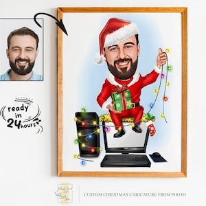 Portrait de dessin animé de Noël personnalisé, portrait de Noël, cadeau de Noël, caricature de Noël, caricature de Noël, caricature à partir d'une photo, père Noël