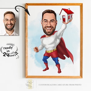 Retrato personalizado de dibujos animados de súper agente inmobiliario, caricatura de agente inmobiliario, regalo de agente inmobiliario, dibujos animados de bienes raíces, retrato de agente inmobiliario, caricatura personalizada de la foto