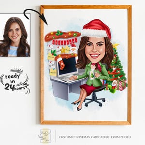 Portrait personnalisé de dessin animé de Noël de femme, portrait de Noël, cadeau de Noël, caricature de Noël, caricature de Noël, caricature à partir d'une photo
