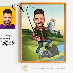 Aangepaste visser cartoon portret, cadeau voor visser, visser karikatuur, visser cartoon, aangepaste karikatuur, visser karikatuur van foto