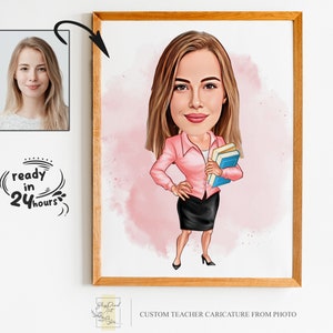 Cartone animato personalizzato per insegnante femminile, caricatura dell'insegnante da foto, regalo per insegnante, ritratto dell'insegnante, cartone animato dell'insegnante, caricatura divertente dell'insegnante