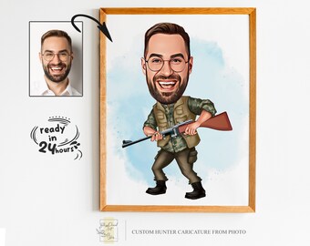 Custom Hunter Cartoon Portrait, Hunter Portrait, Gift for Hunter, Hunter Caricature, Unique Hunter Gift, Hunter Caricature from Photo