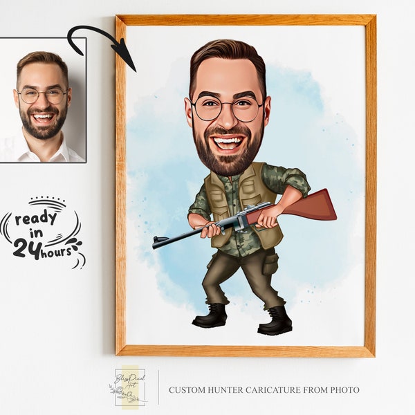 Individuelles Jäger Cartoon Portrait, Jägerportrait, Geschenk für Jäger, Jäger Karikatur, Einzigartiges Jägergeschenk, Jägerkarikatur vom Foto