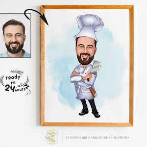 Retrato de dibujos animados de chef masculino personalizado, caricatura de chef, regalo para chef, dibujos animados de chef, regalo de chef divertido, caricatura personalizada de foto, regalo de chef