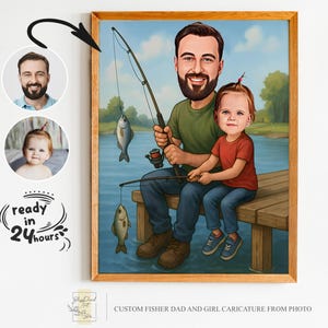 Benutzerdefinierte Fischer Vater und Mädchen Cartoon Portrait, Geschenk für Fischer, Fischer Karikatur, Fischer Cartoon, benutzerdefinierte Karikatur, Karikatur vom Foto