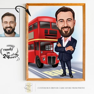 Ritratto di cartone animato personalizzato dell'autista di autobus, caricatura dell'autista di autobus, regalo dell'autista di autobus, cartone animato dell'autista di autobus, caricatura personalizzata dell'autista di autobus dalla foto
