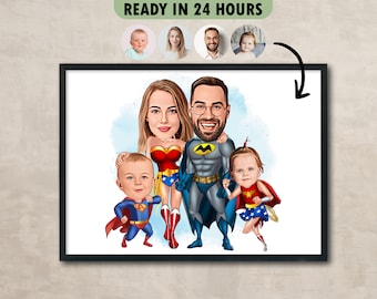 Retrato personalizado de dibujos animados familiares de superhéroes, retrato familiar, regalo familiar, caricatura de súper familia, caricatura de superhéroe, caricatura de foto