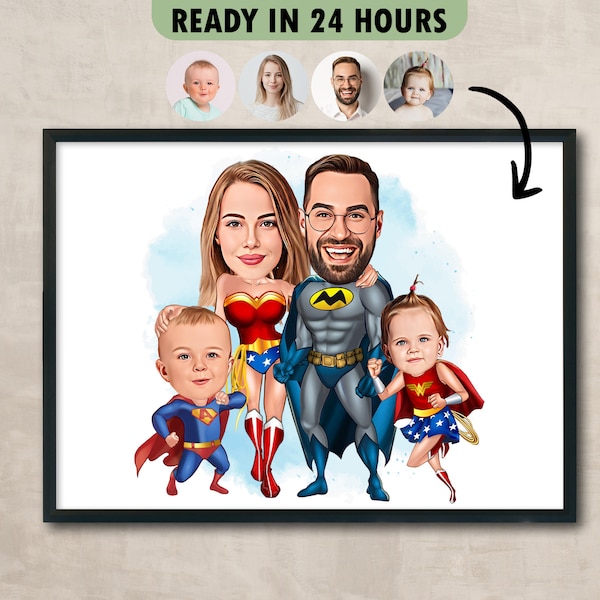 Custom Superhero Family Cartoon Portrait, Family Portrait, Family Gift, Super Family Caricature, Superhero Caricature, Caricature from Photo