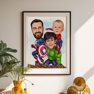 May include: A digital painting of a caricature of three people dressed as superheroes. The father is dressed as Captain America, the son is dressed as Hulk, and the younger son is dressed as Spiderman.