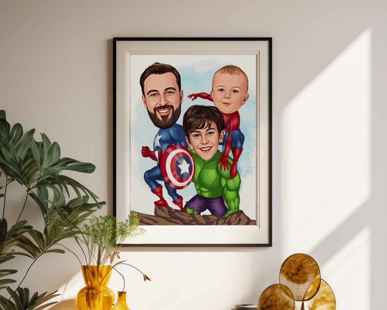 May include: A digital painting of a caricature of three people dressed as superheroes. The father is dressed as Captain America, the son is dressed as Hulk, and the younger son is dressed as Spiderman.
