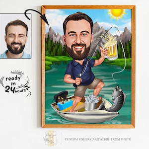 Retrato de dibujos animados de pescador personalizado, regalo para pescador, caricatura de pescador, dibujos animados de pescador, caricatura personalizada, caricatura de pescador de la foto
