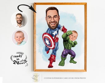 Portrait personnalisé de dessin animé super papa et fils, portrait super papa, cadeau de papa, caricature de super papa, caricature de super-héros, caricature à partir d'une photo