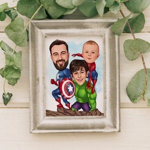 May include: A framed cartoon illustration of three people dressed as superheroes. The father is dressed as Captain America, the son is dressed as Hulk, and the younger son is dressed as Spiderman.