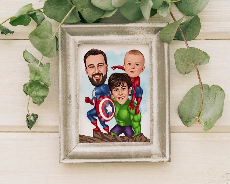 May include: A framed cartoon illustration of three people dressed as superheroes. The father is dressed as Captain America, the son is dressed as Hulk, and the younger son is dressed as Spiderman.
