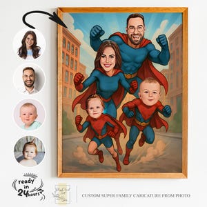 Ritratto di famiglia di supereroi personalizzato, ritratto di famiglia, regalo di famiglia, caricatura di super famiglia, caricatura di supereroi, caricatura da foto