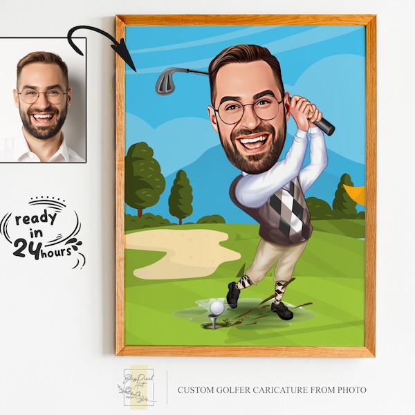 Custom Golfer Cartoon Portrait, Golfer Caricature, Gift for Golfer, Golfer Gift, Golfer Cartoon, Custom Cartoon, Personalized Golfer Gift