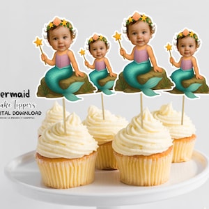Little Mermaid Personalized Face Cupcake Toppers, Custom Party Decor, Personalized Custom Cupcake Toppers Mermaid, Custom Cake Decorations