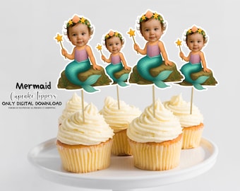 Adornos personalizados para cupcakes con la cara de la Sirenita, decoración para fiestas, adornos personalizados para cupcakes de sirena, decoraciones para tartas personalizadas
