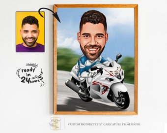 Custom Motorcyclist Cartoon Portrait, Motorcyclist Portrait, Gift for Motorcyclist, Motorcyclist Caricature, Caricature from Photo