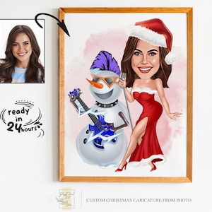 Portrait personnalisé de dessin animé de Noël de femme, portrait de Noël, cadeau de Noël, caricature de Noël, caricature de Noël, caricature à partir d'une photo