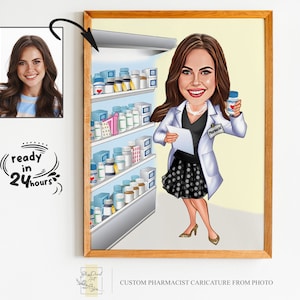 Custom Woman Pharmacist Cartoon Portrait, Pharmacist Portrait, Gift for Female Pharmacist, Pharmacist Caricature from Photo, Pharmacist Gift