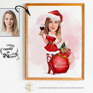 Portrait personnalisé de dessin animé de Noël de femme, portrait de Noël, cadeau de Noël, caricature de Noël, caricature de Noël, caricature à partir d'une photo