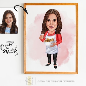Retrato de dibujos animados de chef de mujer personalizado, caricatura de chef, regalo para chef, dibujos animados de chef, regalo de chef divertido, caricatura personalizada de foto, regalo de chef