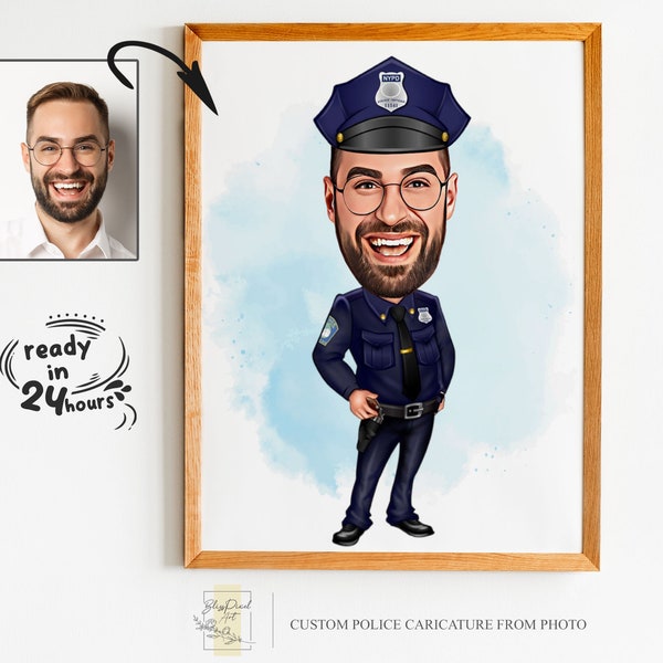 Ritratto di cartone animato di polizia personalizzato, ritratto di polizia, regalo di ufficiale di polizia, caricatura di polizia, caricatura da foto, caricatura di ufficiale di polizia