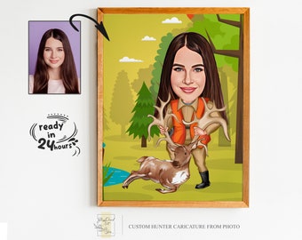 Custom Hunter Cartoon Portrait, Hunter Portrait, Gift for Hunter, Hunter Caricature, Unique Hunter Gift, Hunter Caricature from Photo