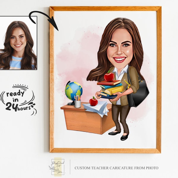 Custom Female Teacher Cartoon, Teacher Caricature from Photo, Gift for Teacher, Teacher Portrait, Teacher Cartoon, Fun Teacher Caricature