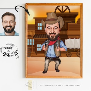 Retrato de dibujos animados de vaquero personalizado, retrato de vaquero, regalo de vaquero, dibujos animados de vaquero, caricatura de vaquero, caricatura de foto, regalo de vaquero divertido