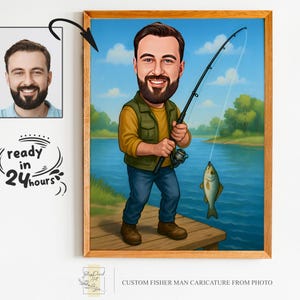 Benutzerdefinierte Fischer Cartoon Portrait, Geschenk für Fischer, Fischer Karikatur, Fischer Vater Cartoon, benutzerdefinierte Karikatur, Fischerkarikatur vom Foto
