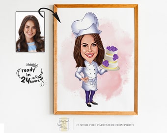 Retrato de caricatura de pastelero personalizado para mujer, regalo de caricatura de pastelero personalizado, arte digital de pastelería para pared, decoración divertida de cocina