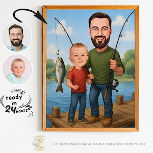 Benutzerdefinierte Fischer Vater und Sohn Cartoon Porträt, Geschenk für Fischer, Fischer Karikatur, Fischer Cartoon, benutzerdefinierte Karikatur, Karikatur vom Foto