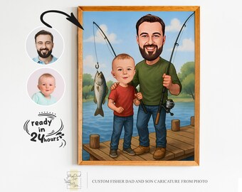 Pêche, Père, Fils, Concept De Famille. Papa Dessiné Main Et Son Fils Pêchant Ensemble Croquis De