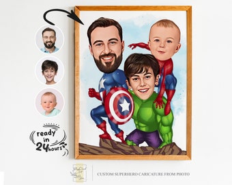 Custom Dad and Two Son Superhero Cartoon Portrait, Superhero Portrait, Gift for Dad, Superhero Caricature, Super Dad, Superhero Kids Cartoon