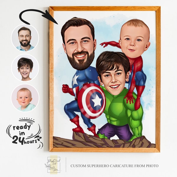 Custom Dad and Two Son Superhero Cartoon Portrait, Superhero Portrait, Gift for Dad, Superhero Caricature, Super Dad, Superhero Kids Cartoon